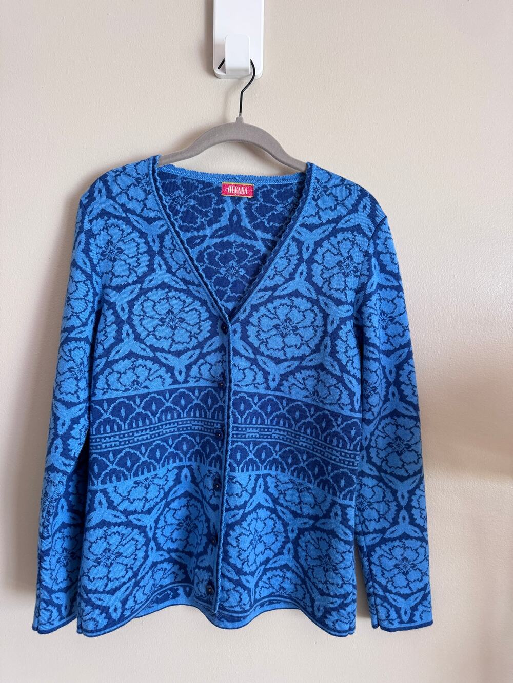 Oleana Norway Cardigan Women M Merino Wool Silk Blue Floral Jacquard Sweater